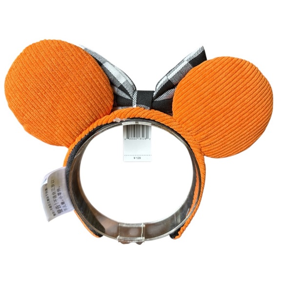 Disney Minnie Mouse Orange Corduroy Black White Plaid Ears Headband Fall NWT - Picture 4 of 5